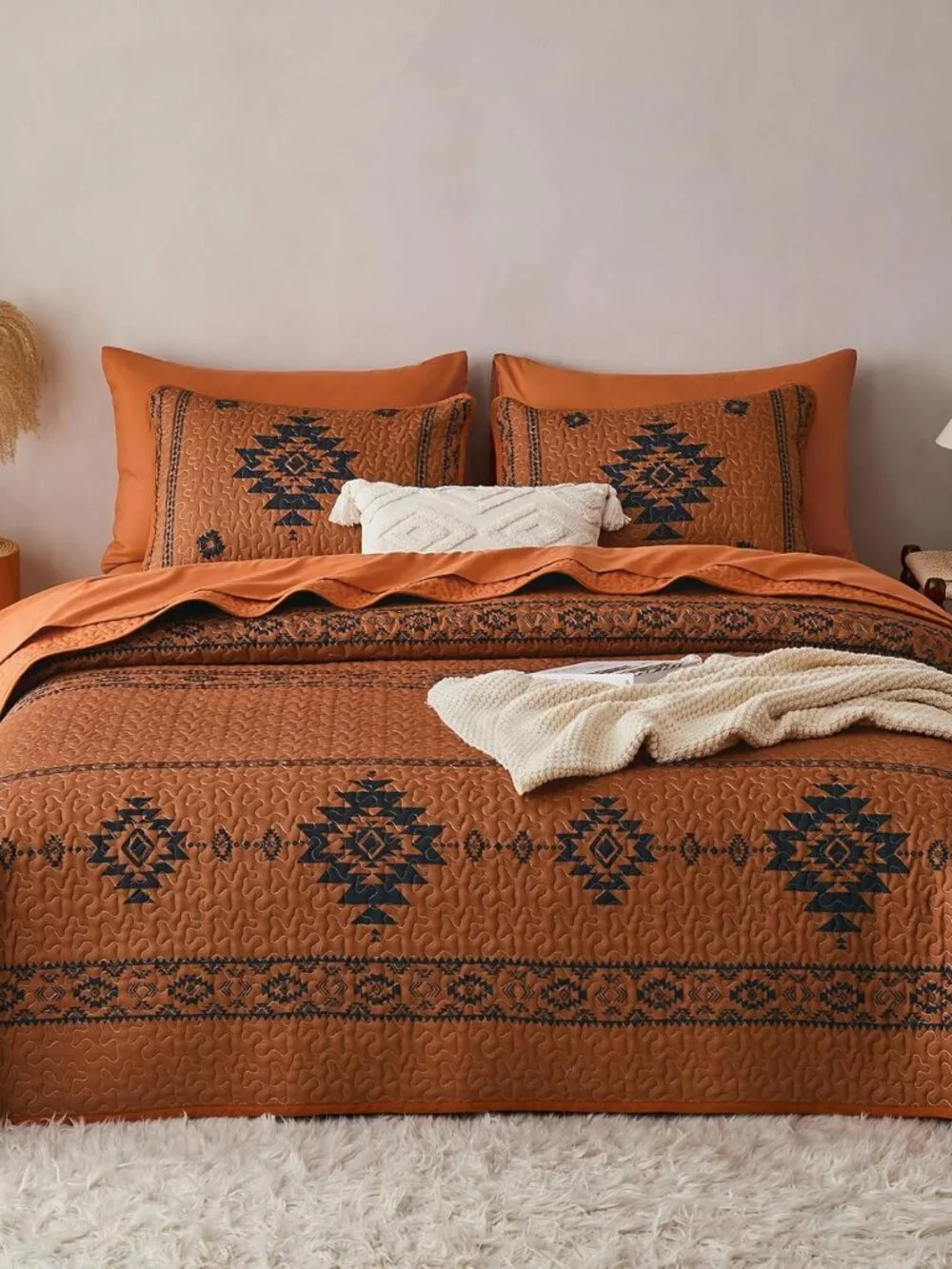 Burnt Orange Southwestern Aztec Quilt Set - Full/Queen Bedspread